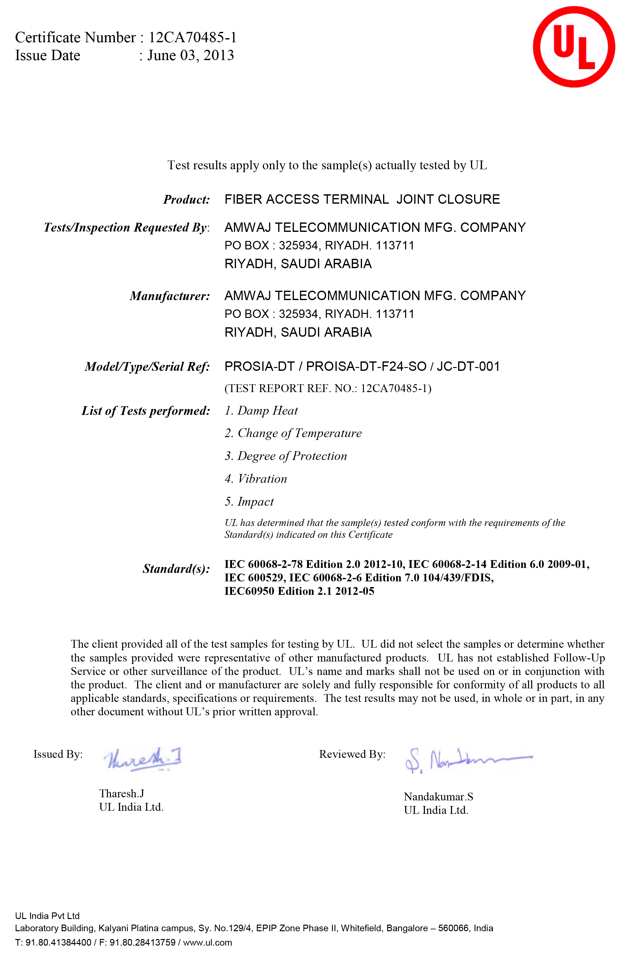 UL certificate FAT JC F24-SO