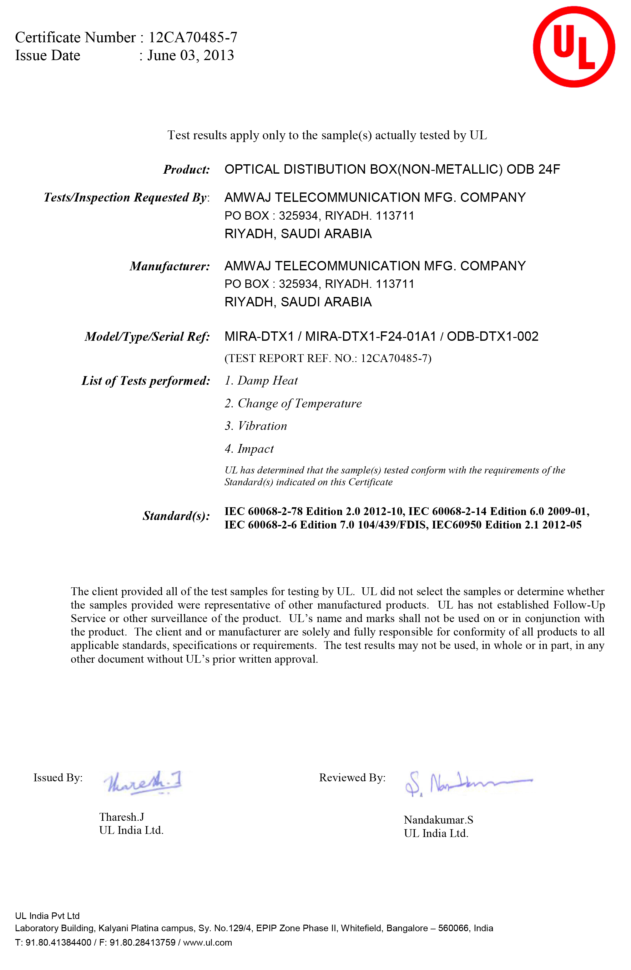 UL certificate FOJC 288F