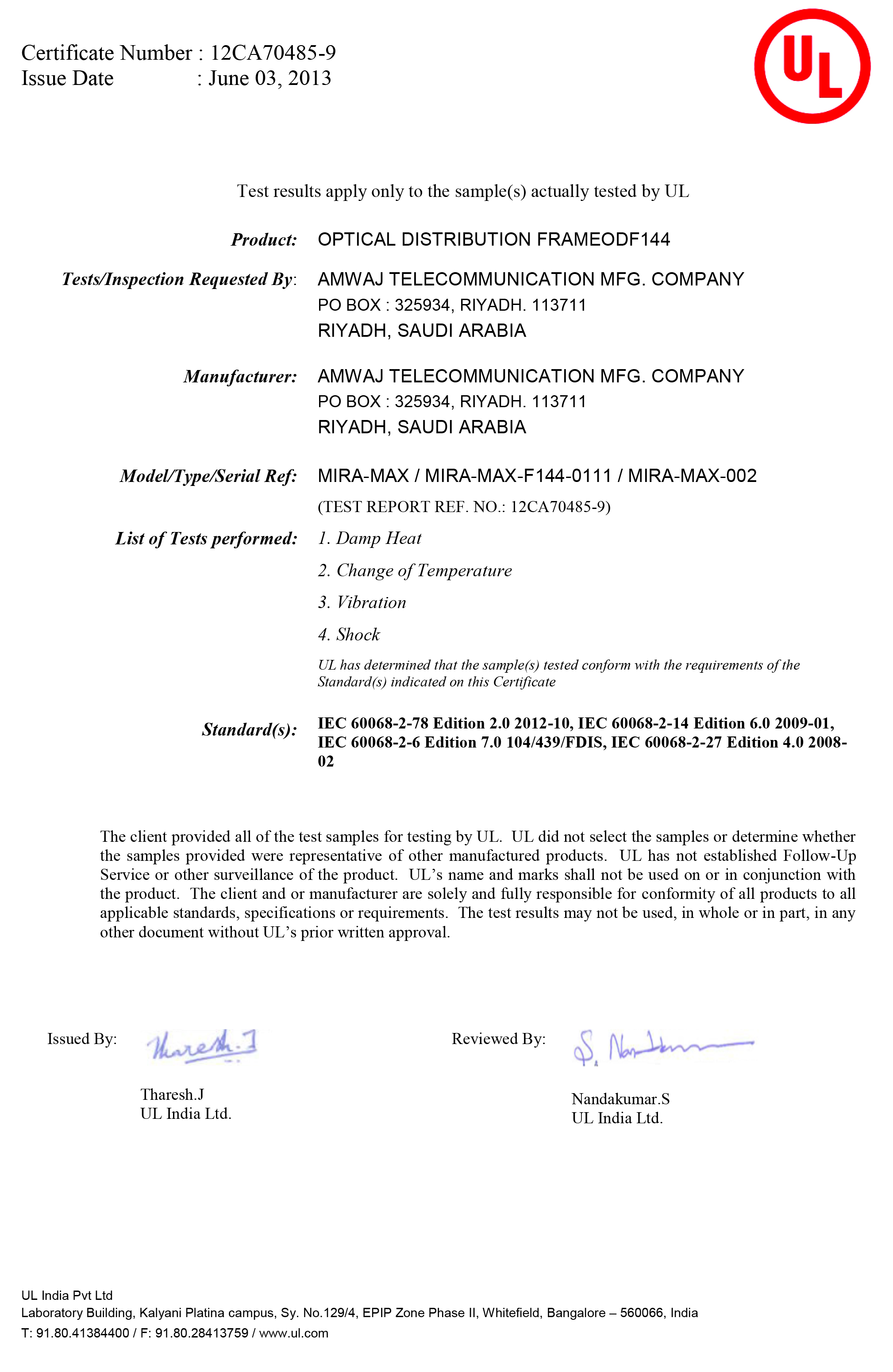 UL certificate ODB 24F