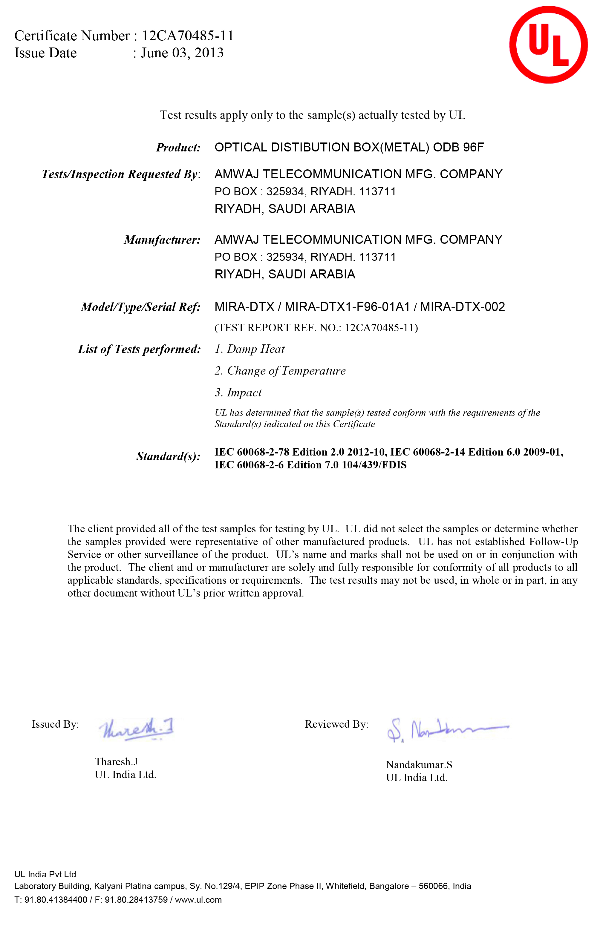 UL certificate ODF 12F