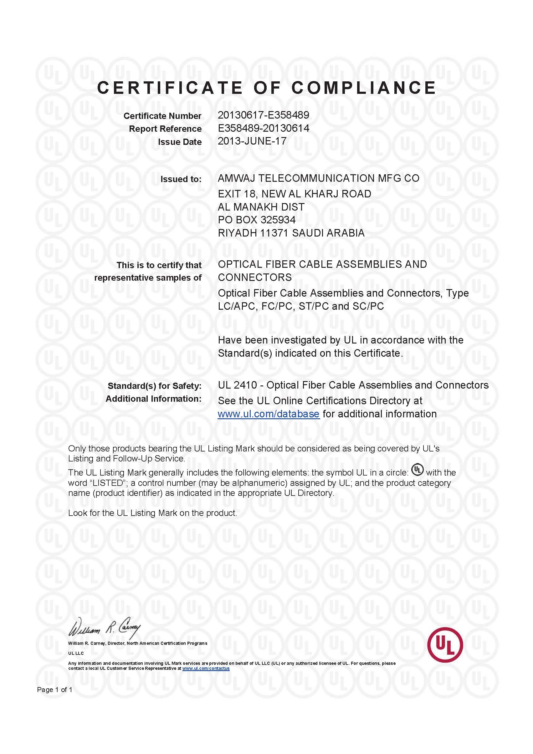 UL listing certificate for Fiber cables and assemblies
